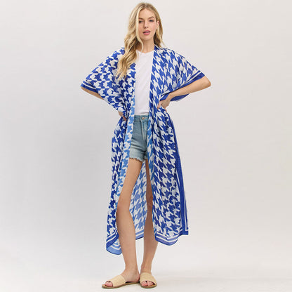 Madeline Love Blue, White Houndstooth Print Open Front Long Kimono Poncho - Jewelry
