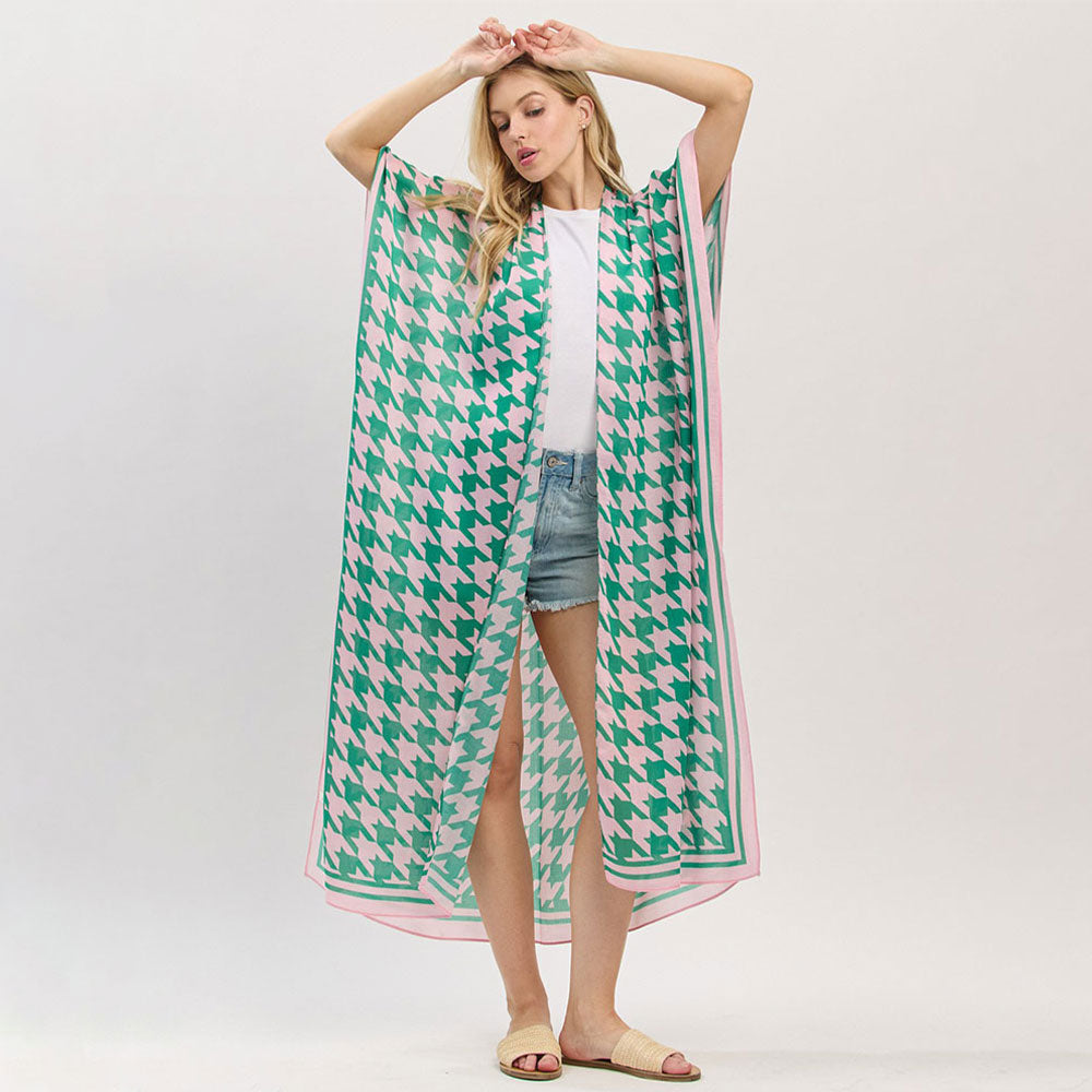 Madeline Love Pink&Green Houndstooth Print Open Front Long Kimono Poncho - Jewelry