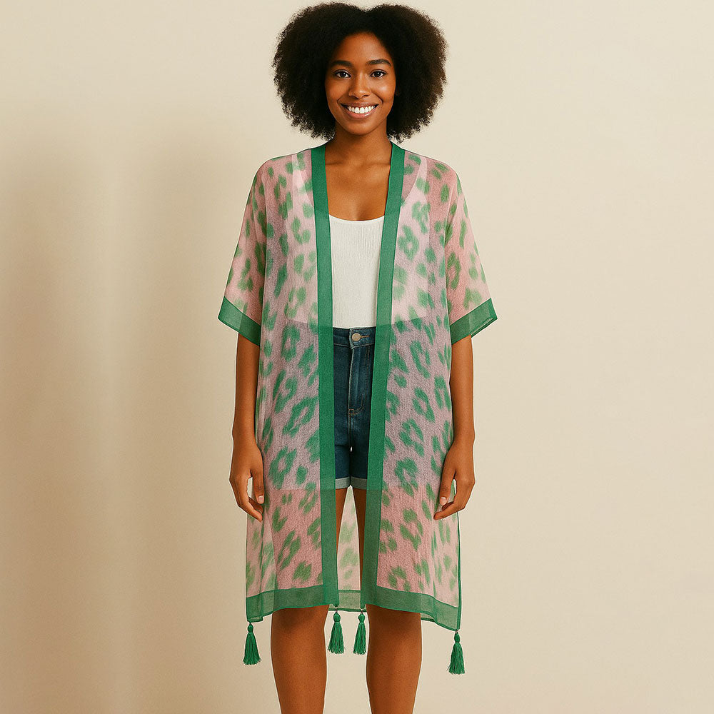 Madeline Love Pink&Green Sheer Leopard Print Tassel Detail Open Front Long Kimono Poncho - Hair Accessories