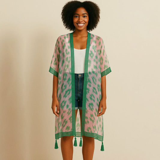 Madeline Love Pink&Green Sheer Leopard Print Tassel Detail Open Front Long Kimono Poncho - Hair Accessories
