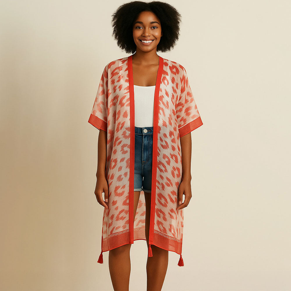 Madeline Love Red, White Sheer Leopard Print Tassel Detail Open Front Long Kimono Poncho - Hair Accessories