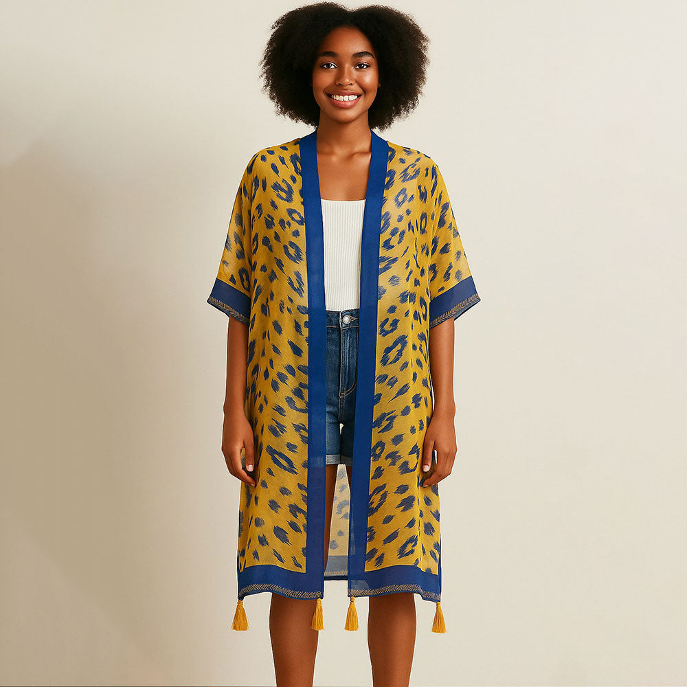 Madeline Love Light Blue, Yellow Sheer Leopard Print Tassel Detail Open Front Long Kimono Poncho - Hair Accessories