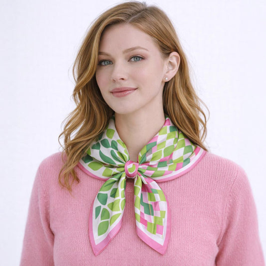 Madeline Love Pink&Green Modern Geometric Patchwork Print Square Bandana Scarf - Scarves & Wraps