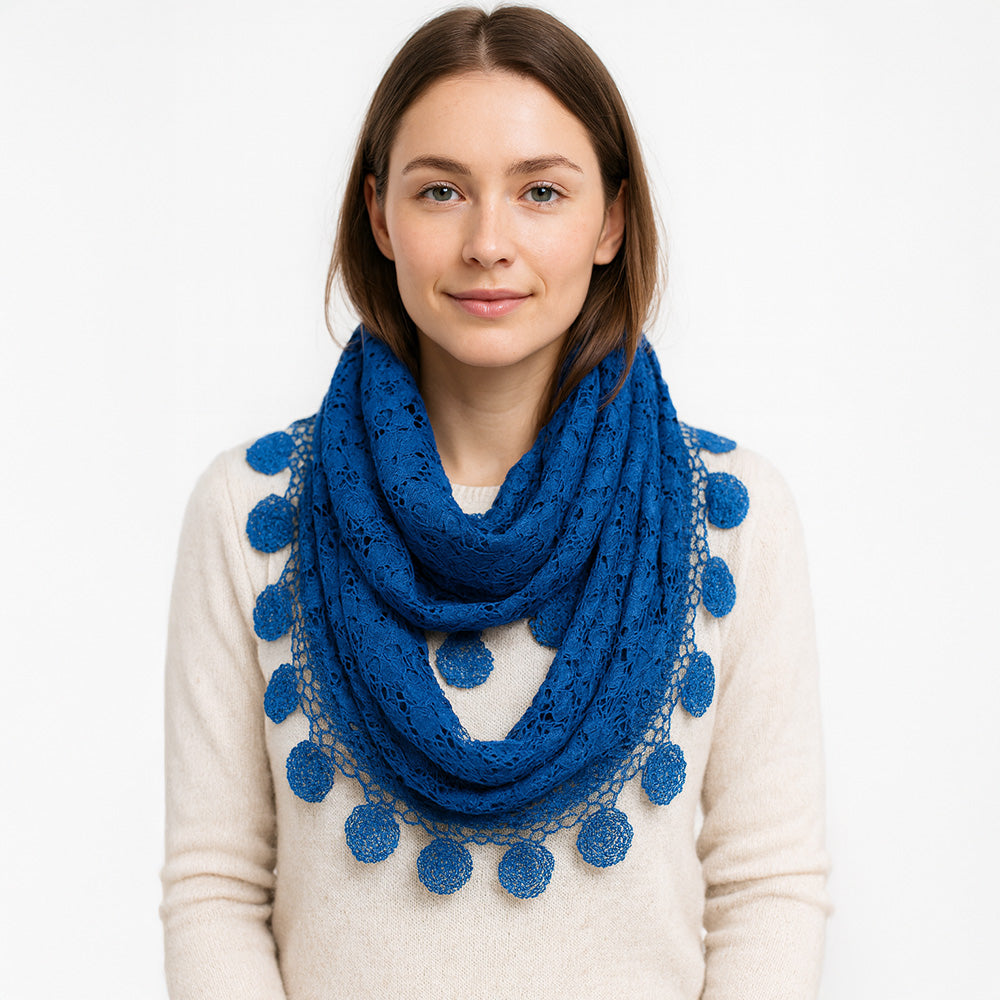 Madeline Love Blue, Denim Elegant Flower Crochet Lace Accent Scarf - Hair Accessories