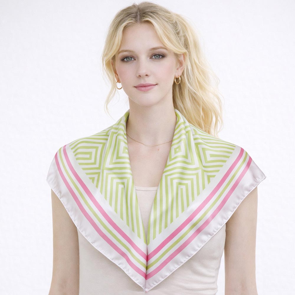Madeline Love Pink&Green Modern Geometric Maze Print Square Bandana Scarf - Scarves & Wraps