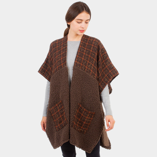 Brown Indian Tribe Pattern Pocket Cape Poncho