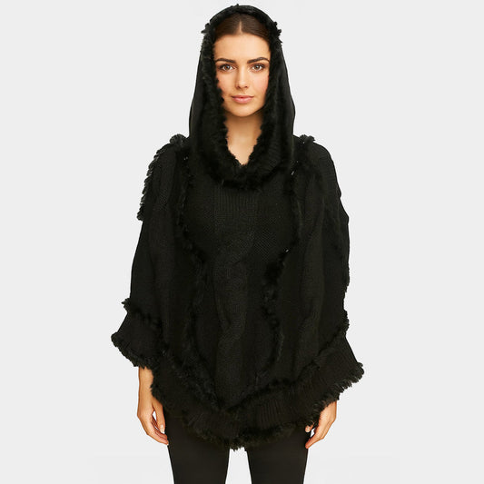Black Soft Faux Fur Knitted Poncho
