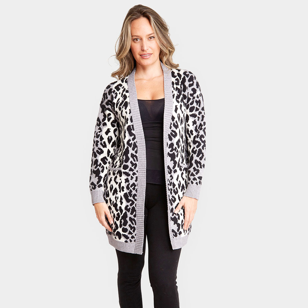 Madeline Love Gray Leopard Pattern Pocket Cardigan - Hair Accessories
