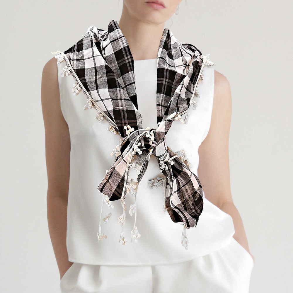 Madeline Love Black Crochet Drop Fringe Plaid Check Scarf - Jewelry
