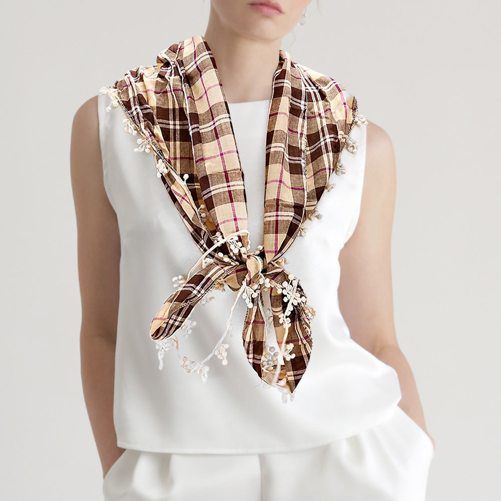 Madeline Love Brown Crochet Drop Fringe Plaid Check Scarf - Jewelry