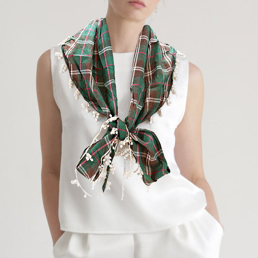 Madeline Love Green Crochet Drop Fringe Plaid Check Scarf - Jewelry