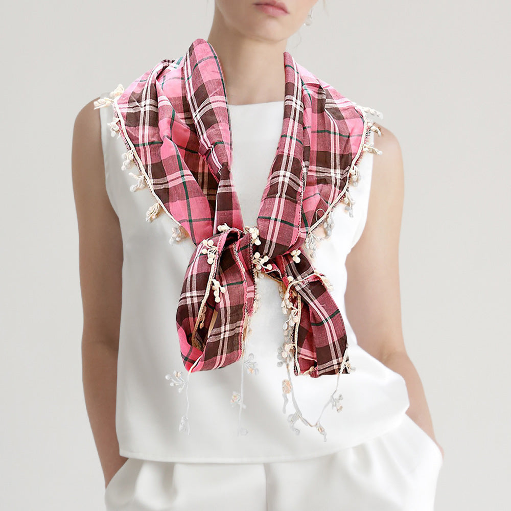Madeline Love Pink Crochet Drop Fringe Plaid Check Scarf - Jewelry