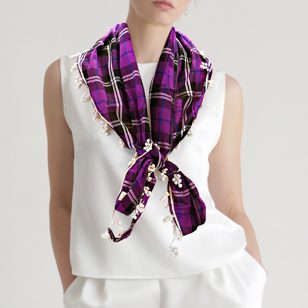 Madeline Love Purple Crochet Drop Fringe Plaid Check Scarf - Jewelry