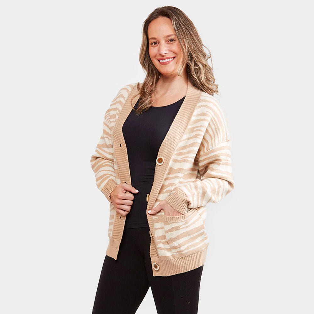 Khaki Zebra Pattern In Front Button Closure Pocket Cardigan