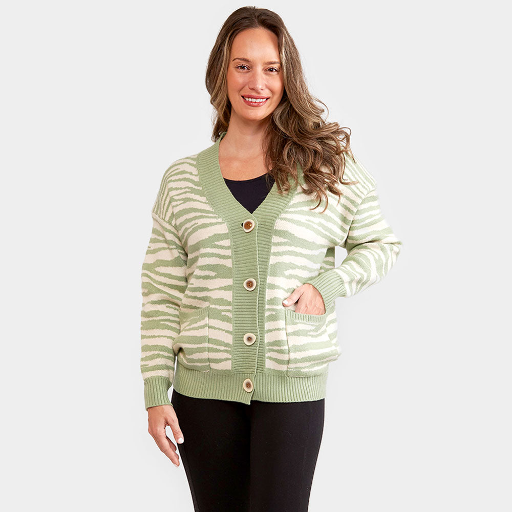 Mint Zebra Pattern In Front Button Closure Pocket Cardigan