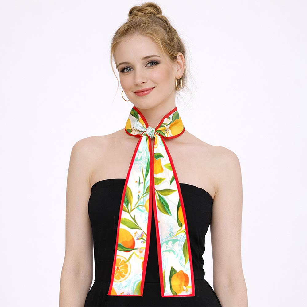 Madeline Love Red Vibrant Lemon Pattern Print Silk Feel Twilly Skinny Scarf - Scarves & Wraps