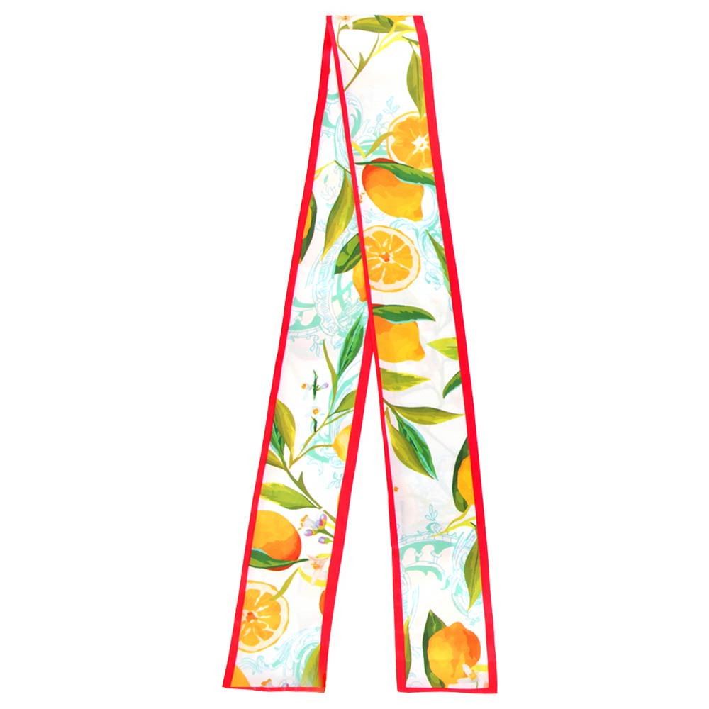 Madeline Love Red Vibrant Lemon Pattern Print Silk Feel Twilly Skinny Scarf - Scarves & Wraps - desc