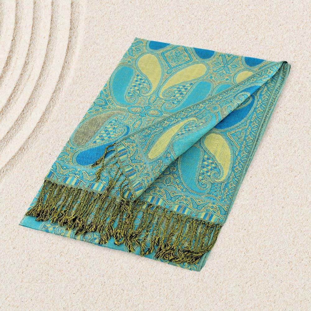 Madeline Love Aqua, Beige Large Paisley Pashmina Scarf Shawl - Scarves & Wraps