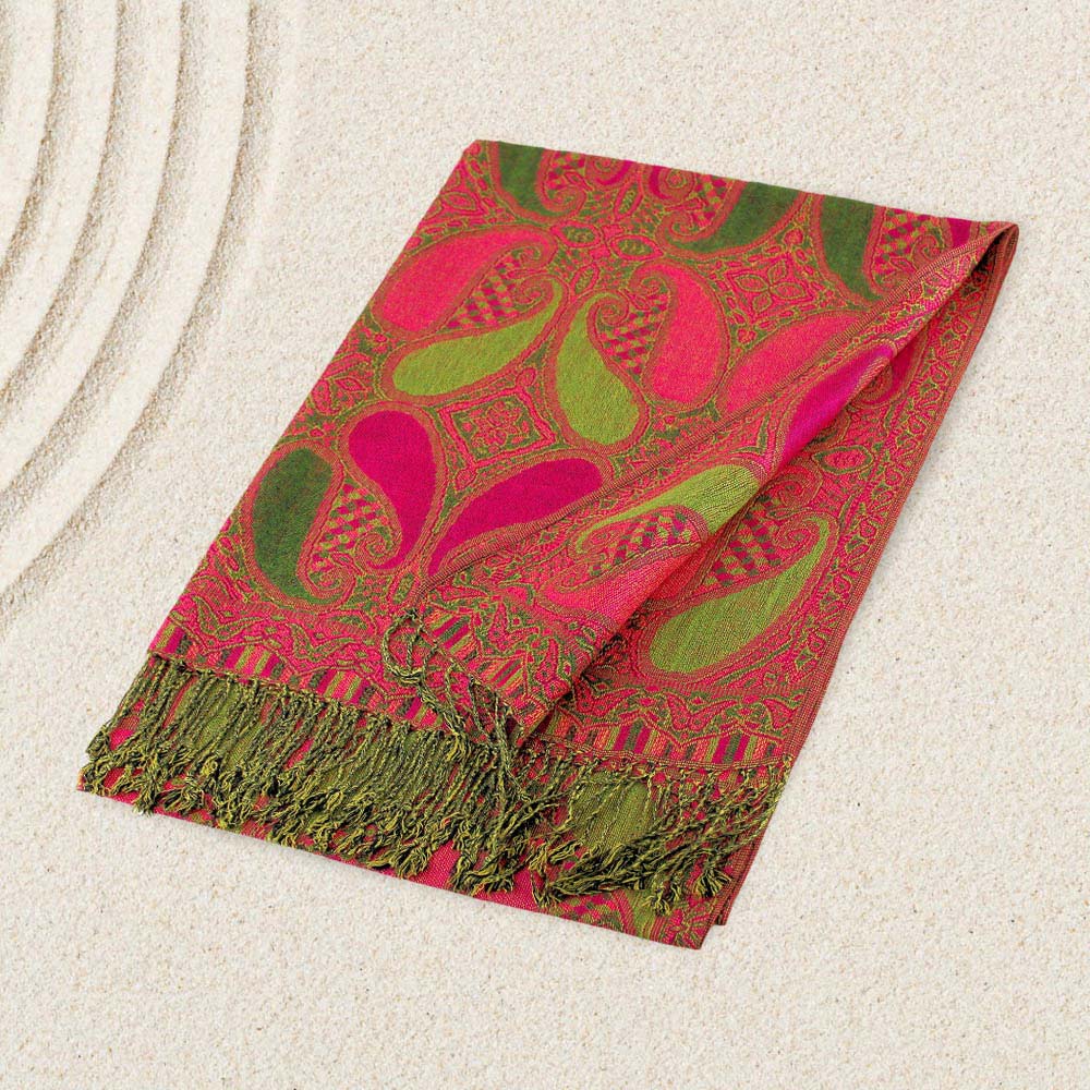 Madeline Love Olive Green, Pink Large Paisley Pashmina Scarf Shawl - Scarves & Wraps