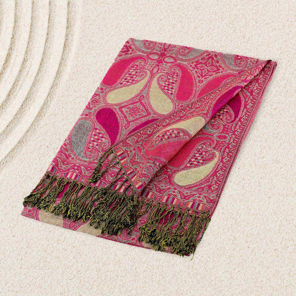 Madeline Love Beige, Pink Large Paisley Pashmina Scarf Shawl - Scarves & Wraps
