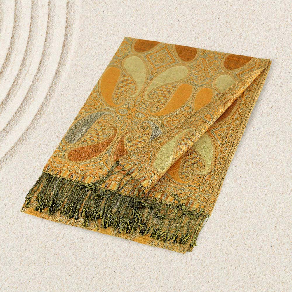 Madeline Love Beige, Gold Large Paisley Pashmina Scarf Shawl - Scarves & Wraps