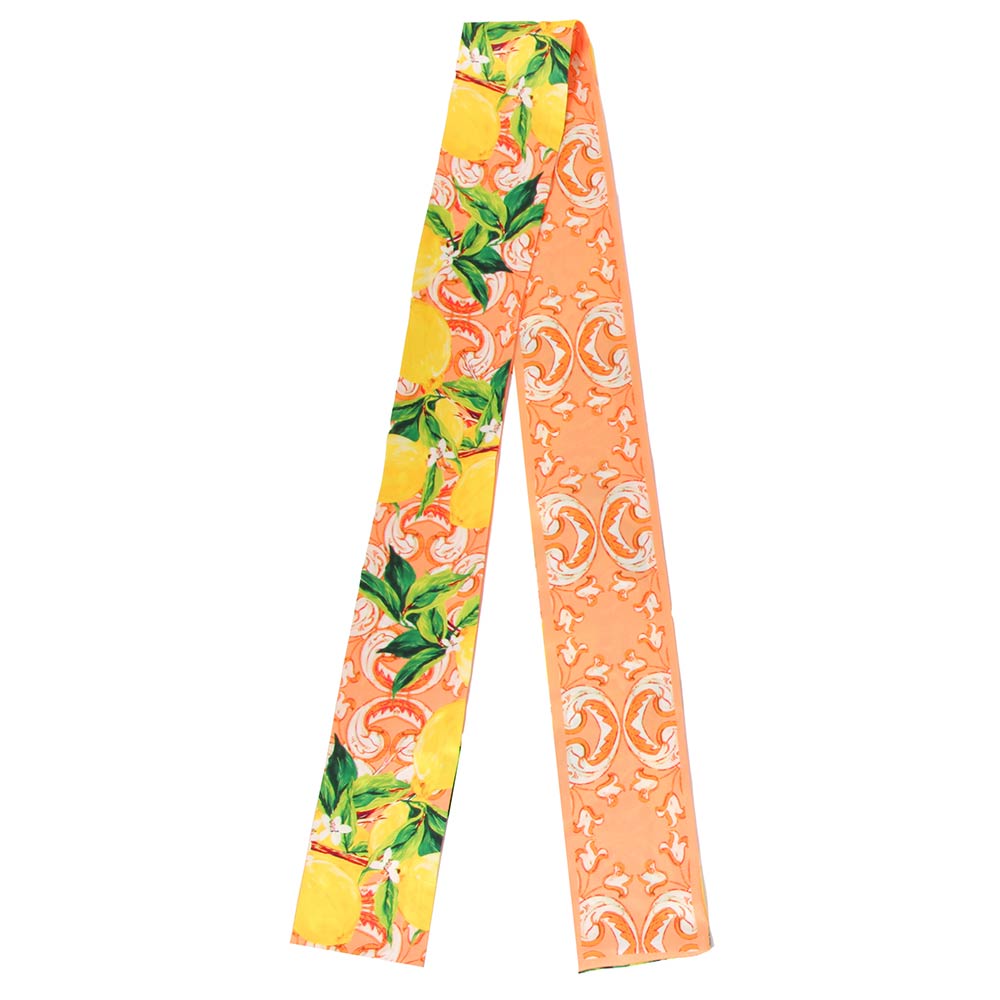 Madeline Love Orange Lemon and Scroll Pattern Print Silk Feel Twilly Skinny Scarf - Scarves & Wraps - desc