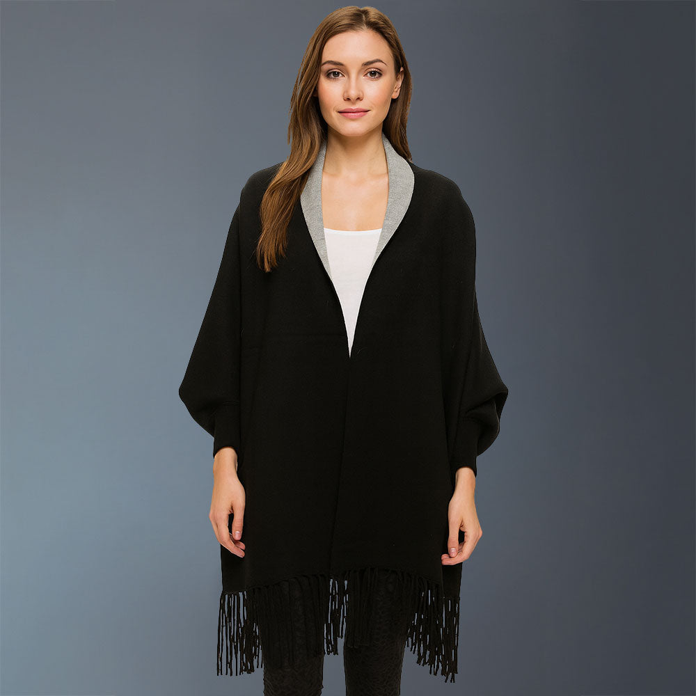 Madeline Love Black, Gray Fringe Trim Shawl Poncho - Hair Accessories