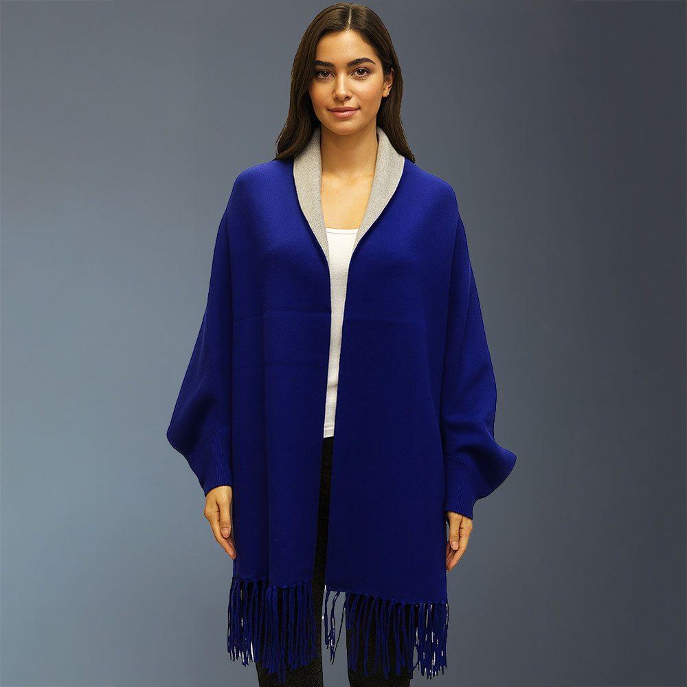 Madeline Love Blue Fringe Trim Shawl Poncho - Hair Accessories