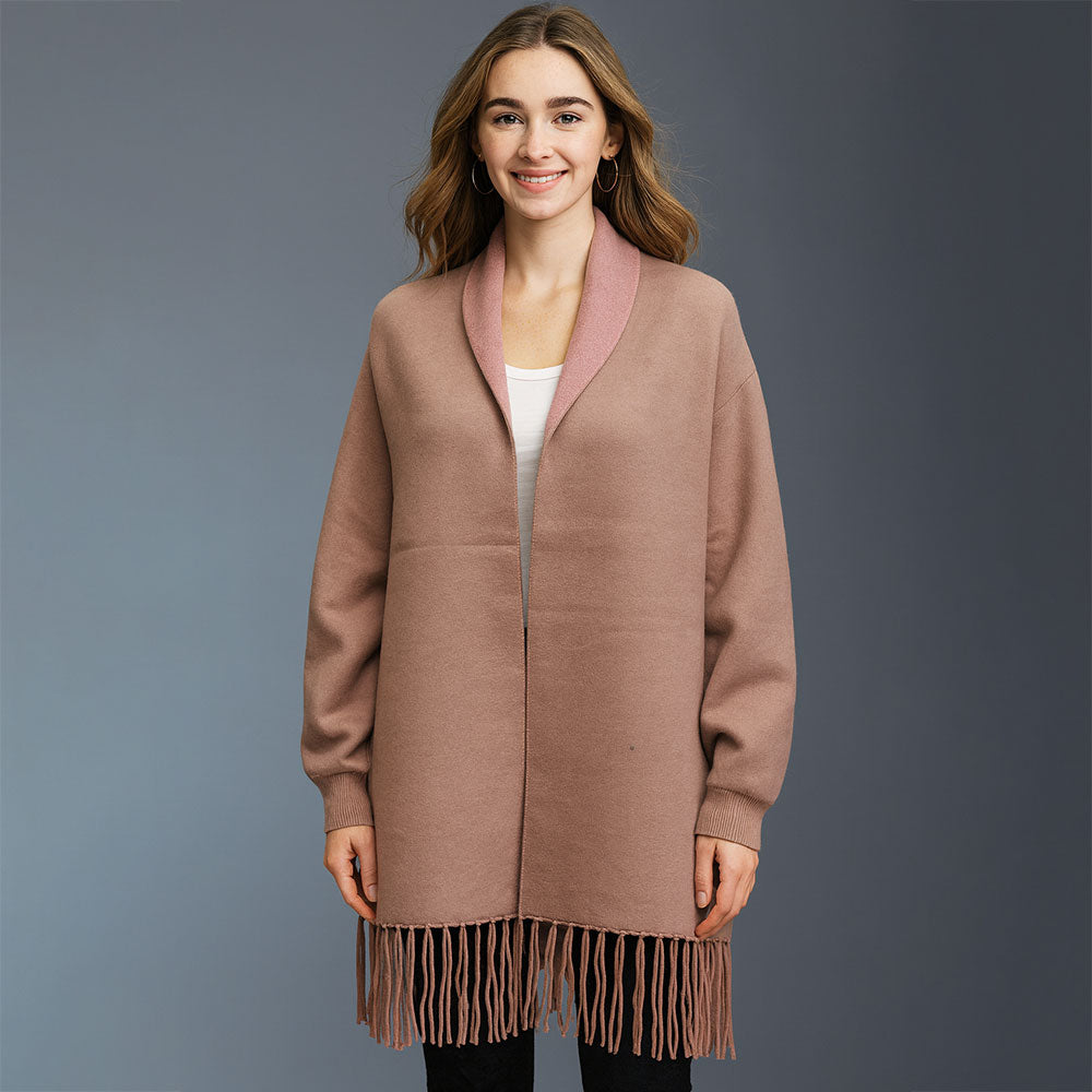 Madeline Love Taupe Fringe Trim Shawl Poncho - Hair Accessories