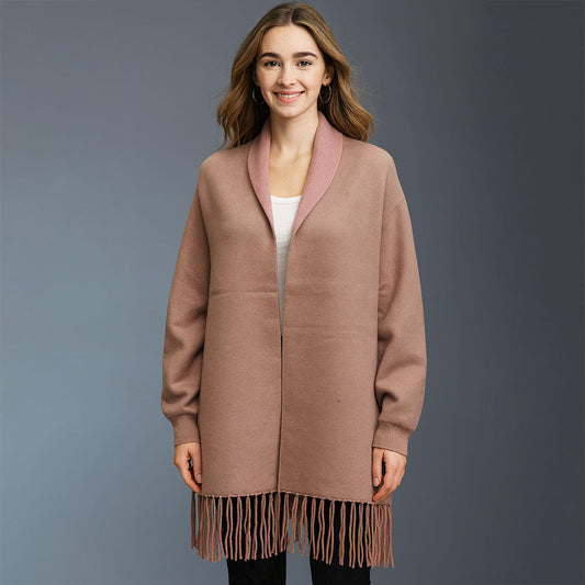 Madeline Love Taupe Fringe Trim Shawl Poncho - Hair Accessories