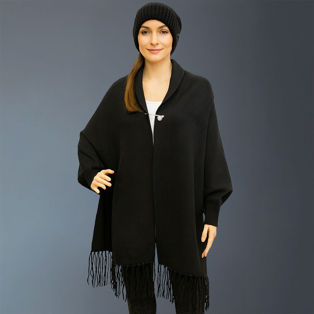 Madeline Love Black Fringe Trim Shawl Poncho - Hair Accessories
