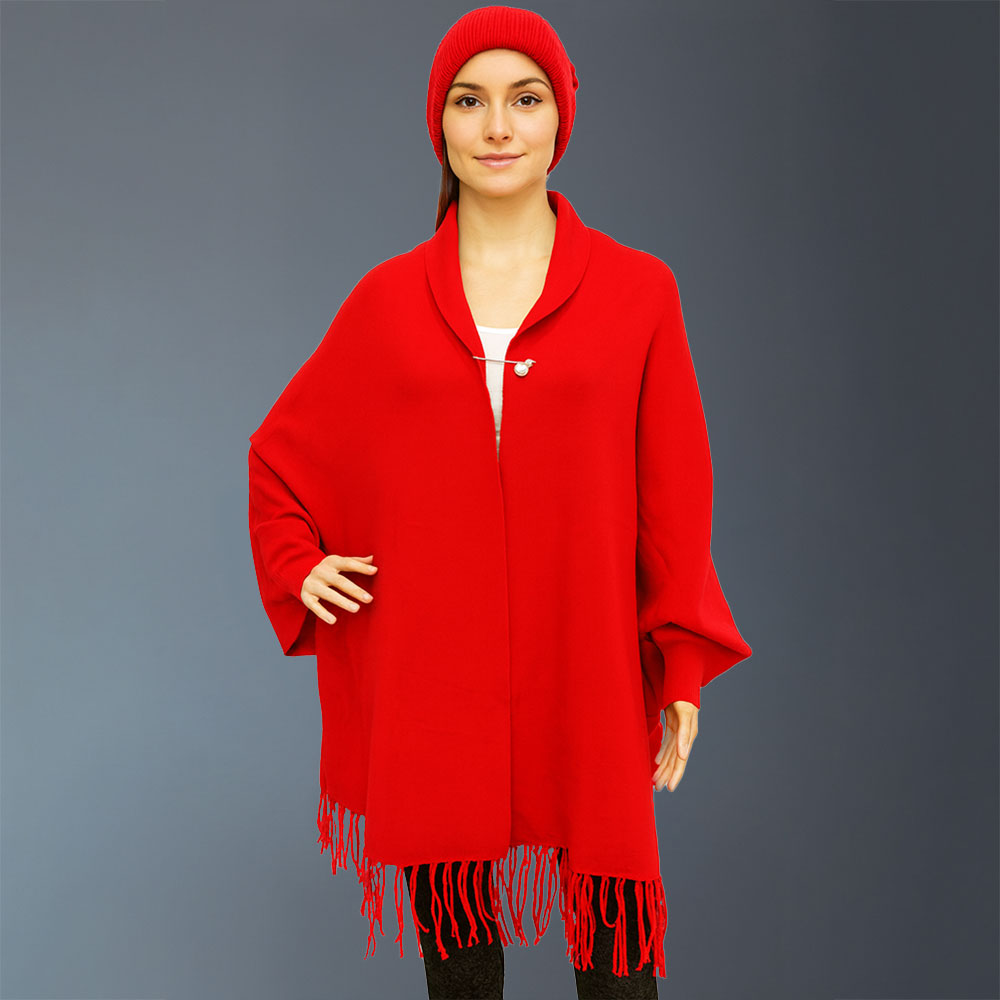 Madeline Love Red Fringe Trim Shawl Poncho - Hair Accessories
