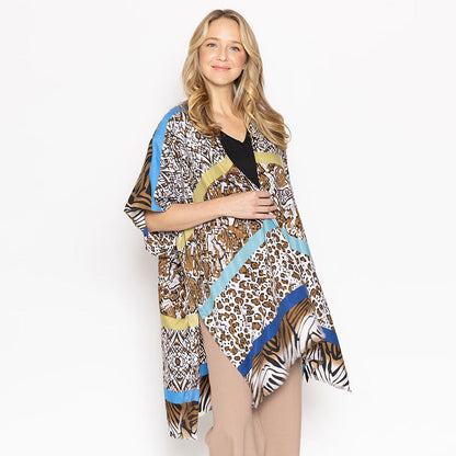 Madeline Love Turquoise Multi Animal Printed Cover Up Kimono Poncho - Apparel