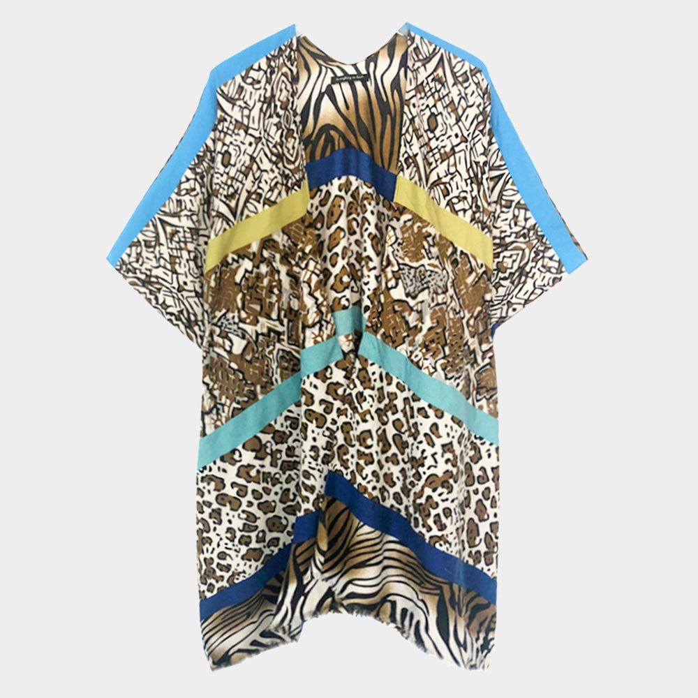 Madeline Love Turquoise Multi Animal Printed Cover Up Kimono Poncho - Apparel - desc