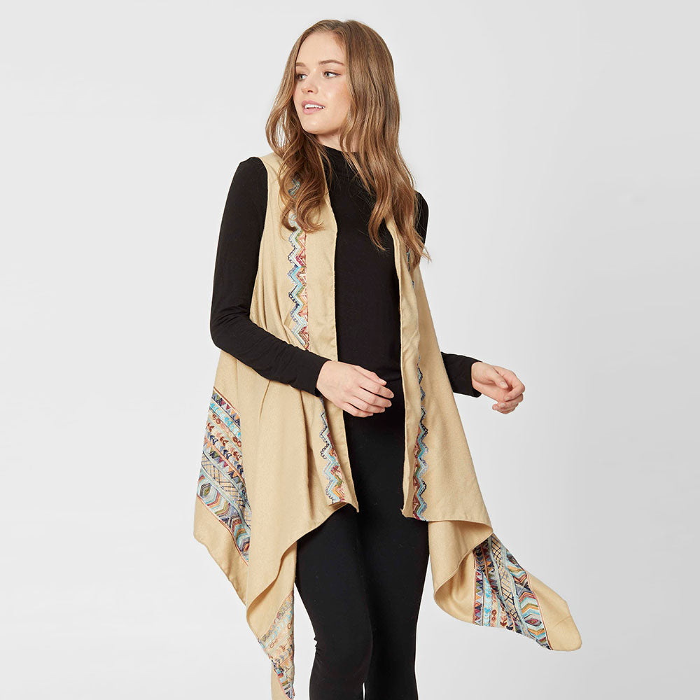 Beige Aztec Pattern Embroidered Vest 