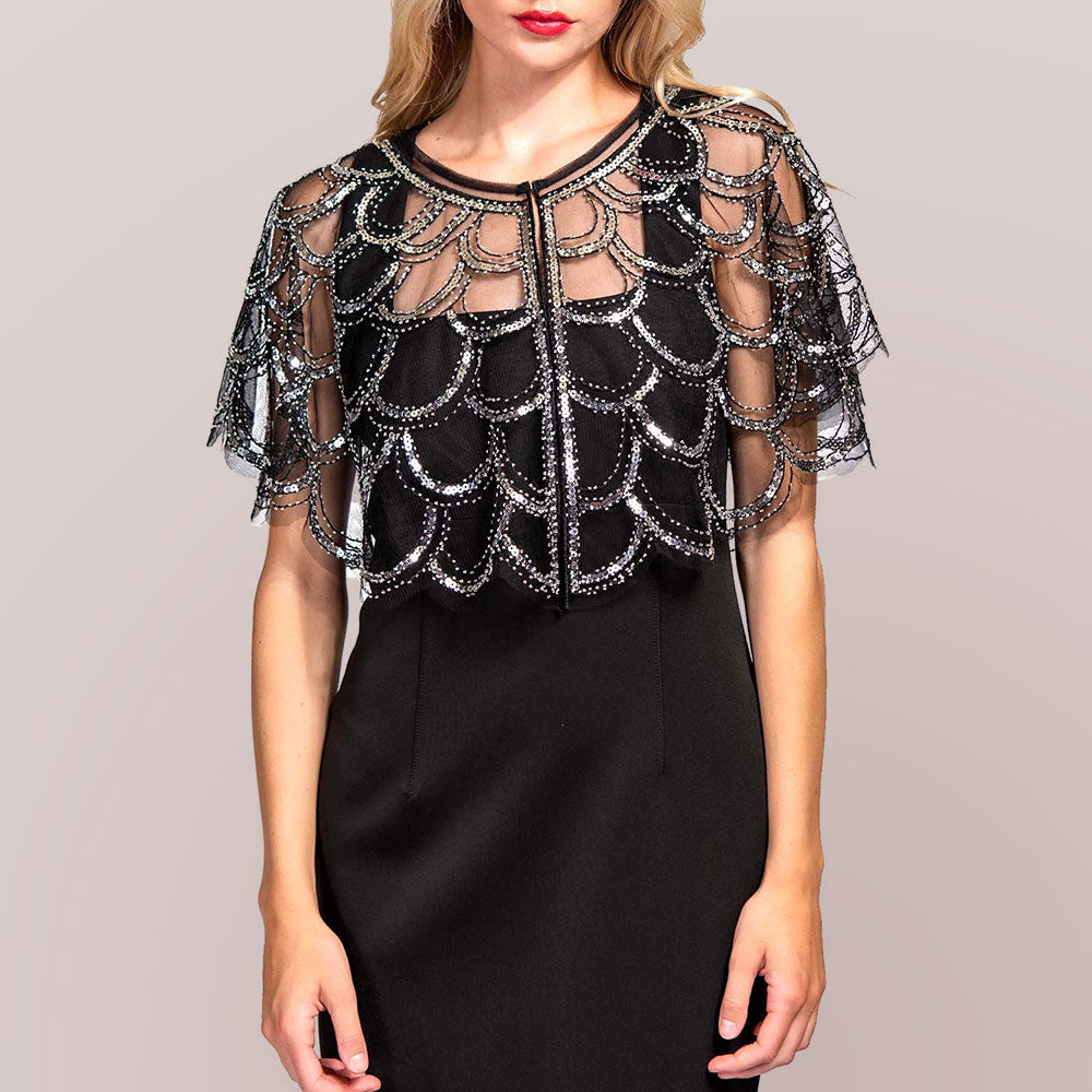 Black, Silver Sequin Beaded Vintage Sheer Shawl Cape Poncho