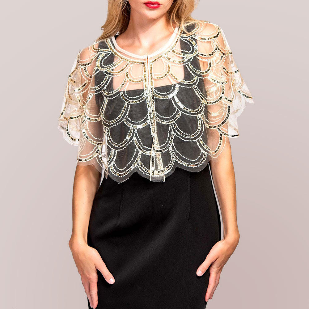 Gold, Ivory Sequin Beaded Vintage Sheer Shawl Cape Poncho