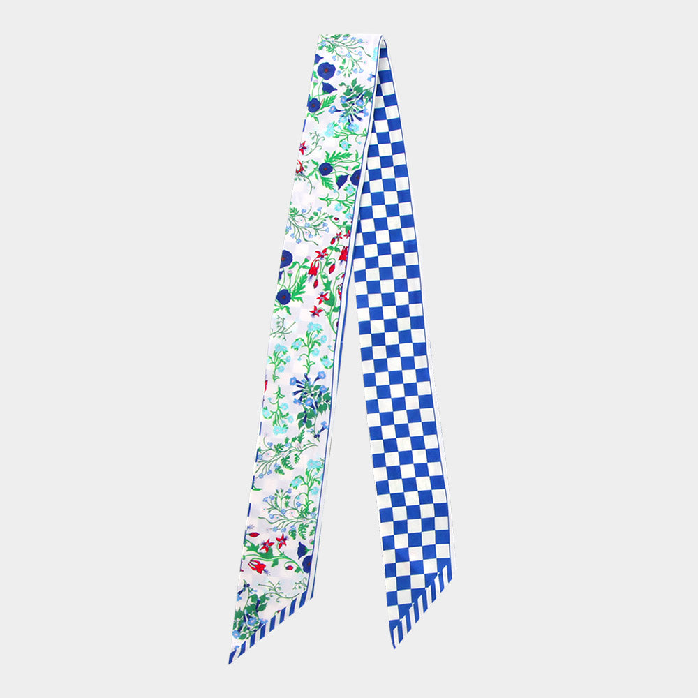Madeline Love Blue Check Floral Silk Feel Twilly Skinny Scarf - Scarves & Wraps