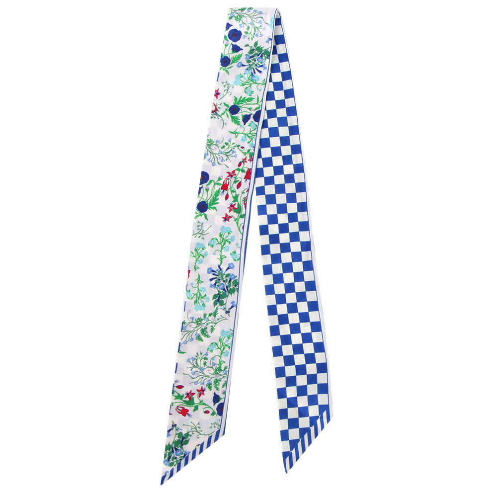 Madeline Love Blue Check Floral Silk Feel Twilly Skinny Scarf - Scarves & Wraps - desc