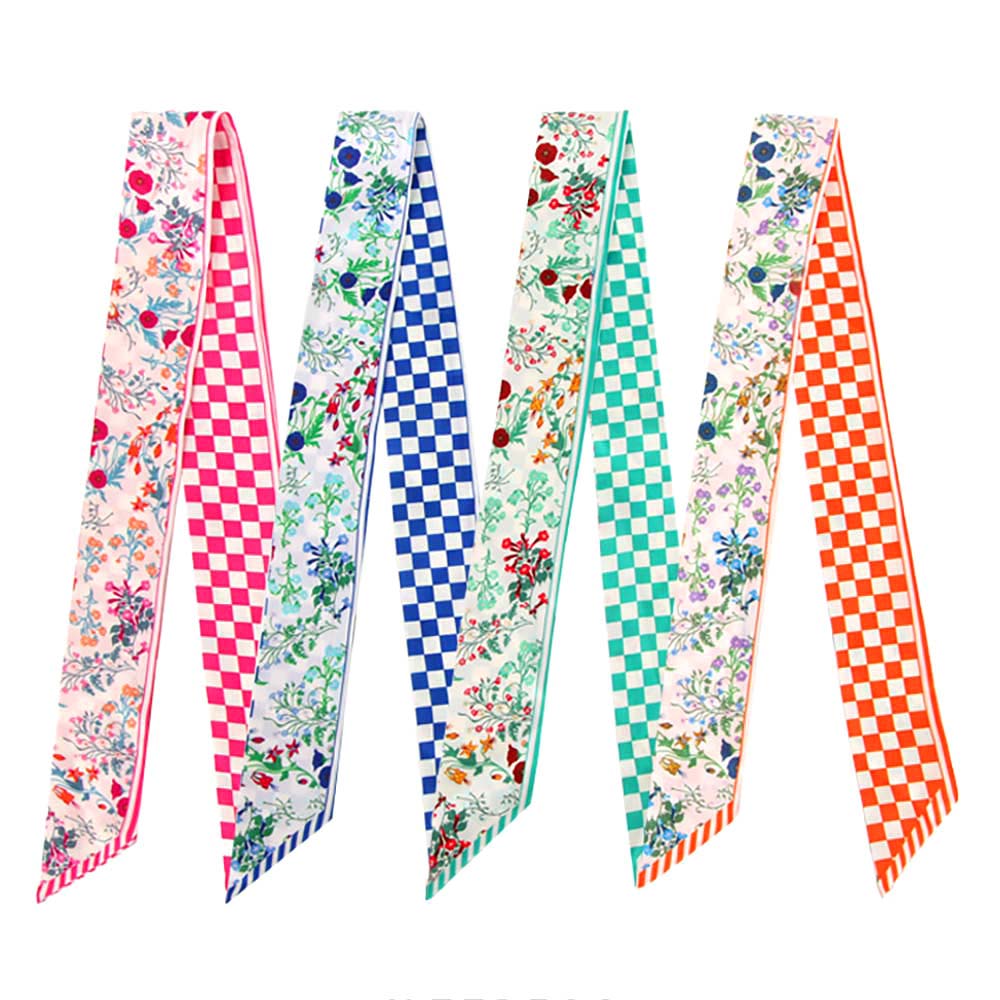 Madeline Love Blue Check Floral Silk Feel Twilly Skinny Scarf - Scarves & Wraps - extra