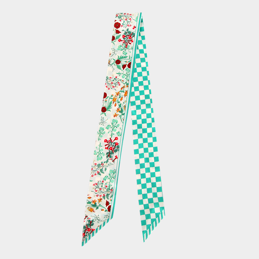 Madeline Love Mint Check Floral Silk Feel Twilly Skinny Scarf - Scarves & Wraps