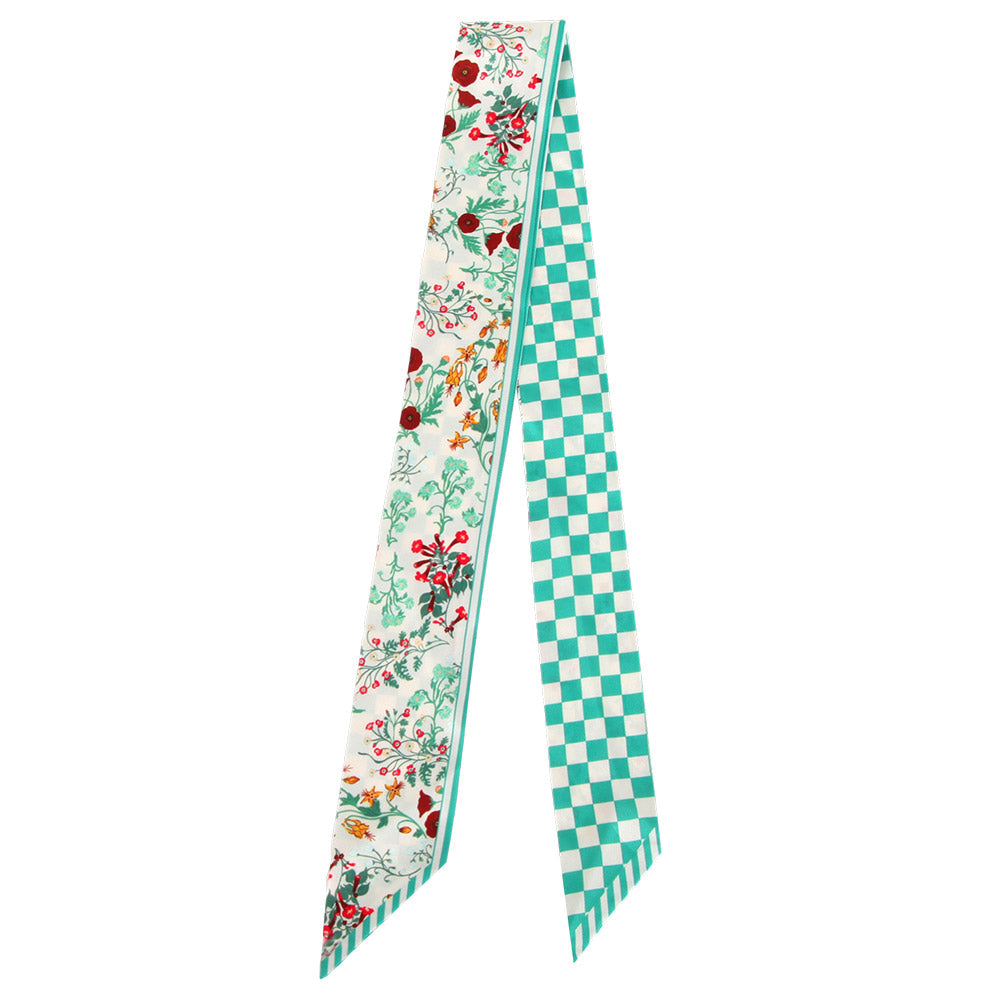 Madeline Love Mint Check Floral Silk Feel Twilly Skinny Scarf - Scarves & Wraps - desc