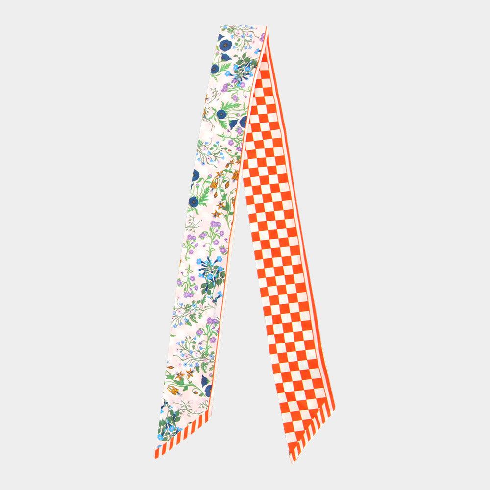 Madeline Love Orange Check Floral Silk Feel Twilly Skinny Scarf - Scarves & Wraps