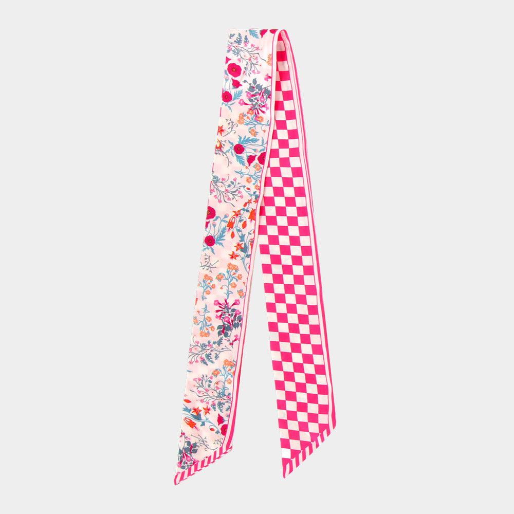 Madeline Love Pink Check Floral Silk Feel Twilly Skinny Scarf - Scarves & Wraps