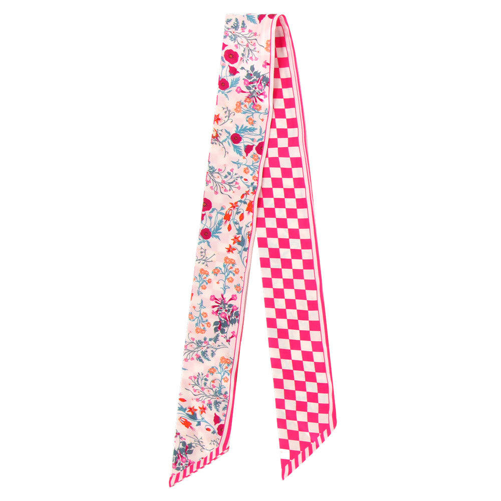 Madeline Love Pink Check Floral Silk Feel Twilly Skinny Scarf - Scarves & Wraps - desc
