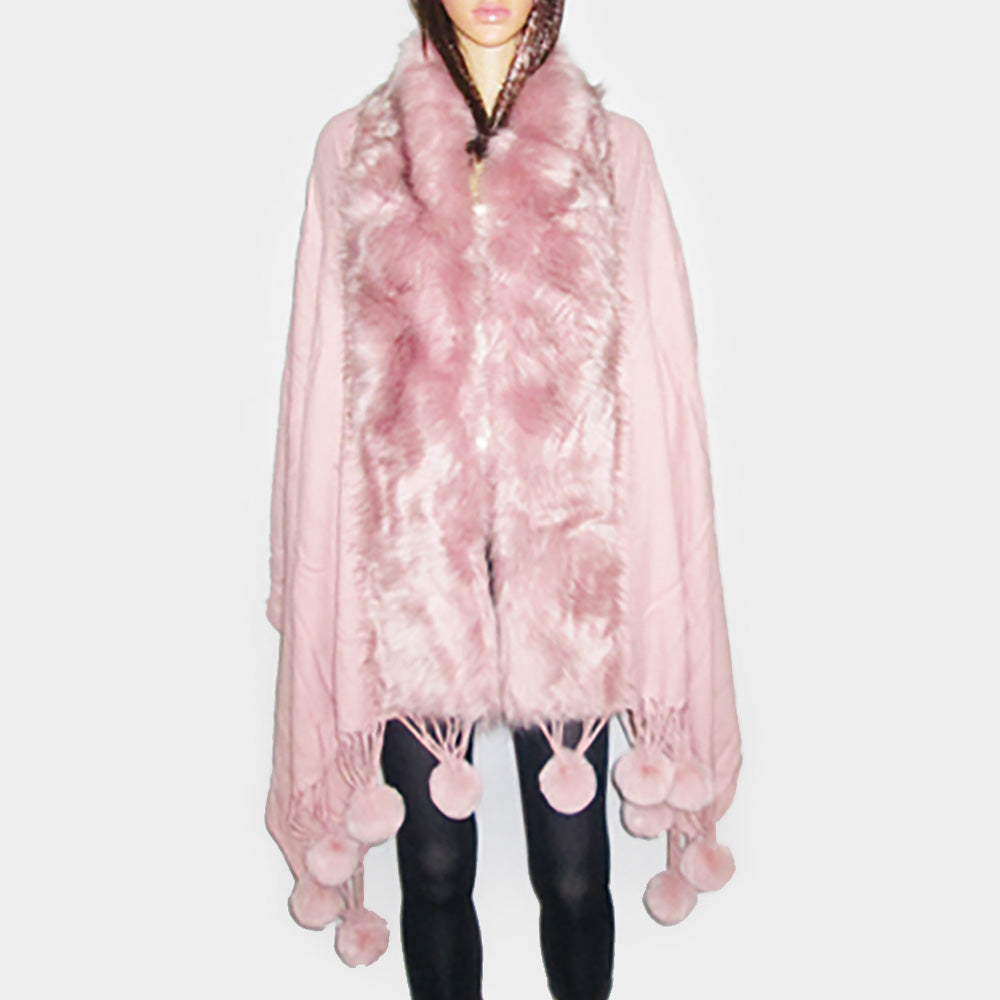 Pink Faux Fur Trim Pom Pom Dangle Poncho