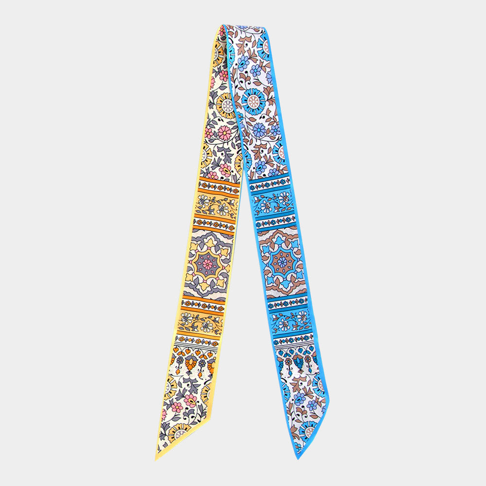 Madeline Love Blue Vintage Floral Medallion Allover Print Silk Feel Twilly Skinny Scarf - Scarves & Wraps