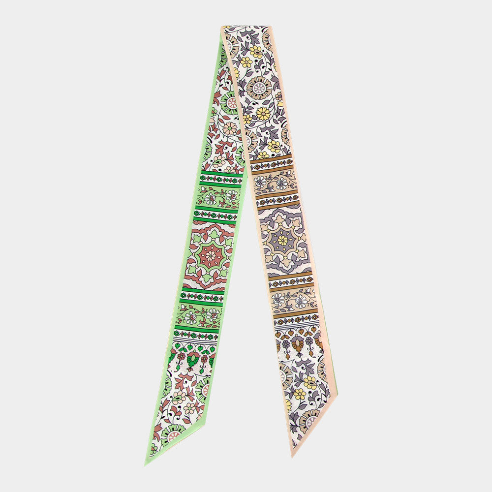 Madeline Love Green Vintage Floral Medallion Allover Print Silk Feel Twilly Skinny Scarf - Scarves & Wraps