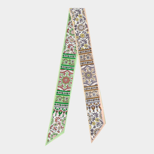 Madeline Love Green Vintage Floral Medallion Allover Print Silk Feel Twilly Skinny Scarf - Scarves & Wraps