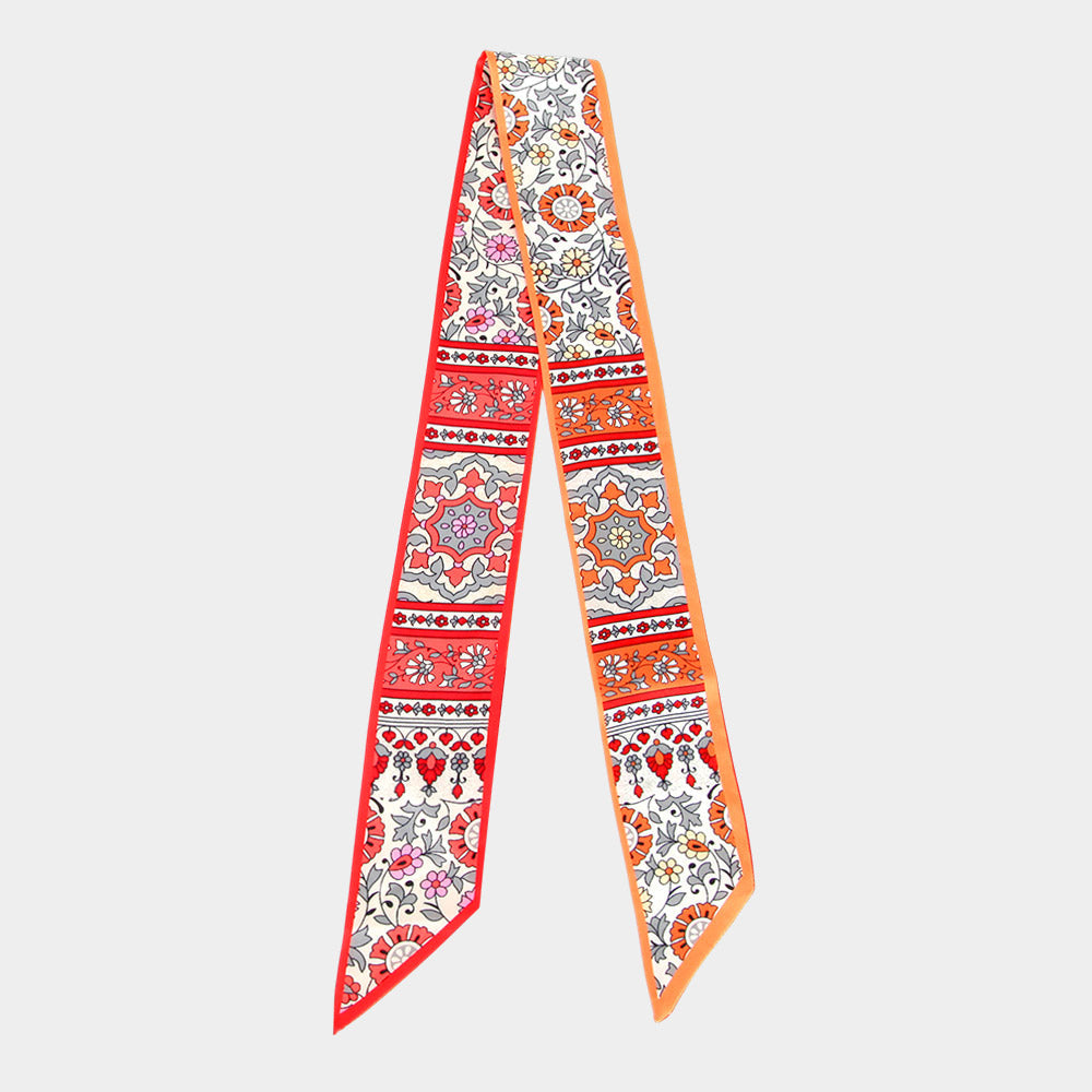Madeline Love Orange Vintage Floral Medallion Allover Print Silk Feel Twilly Skinny Scarf - Scarves & Wraps